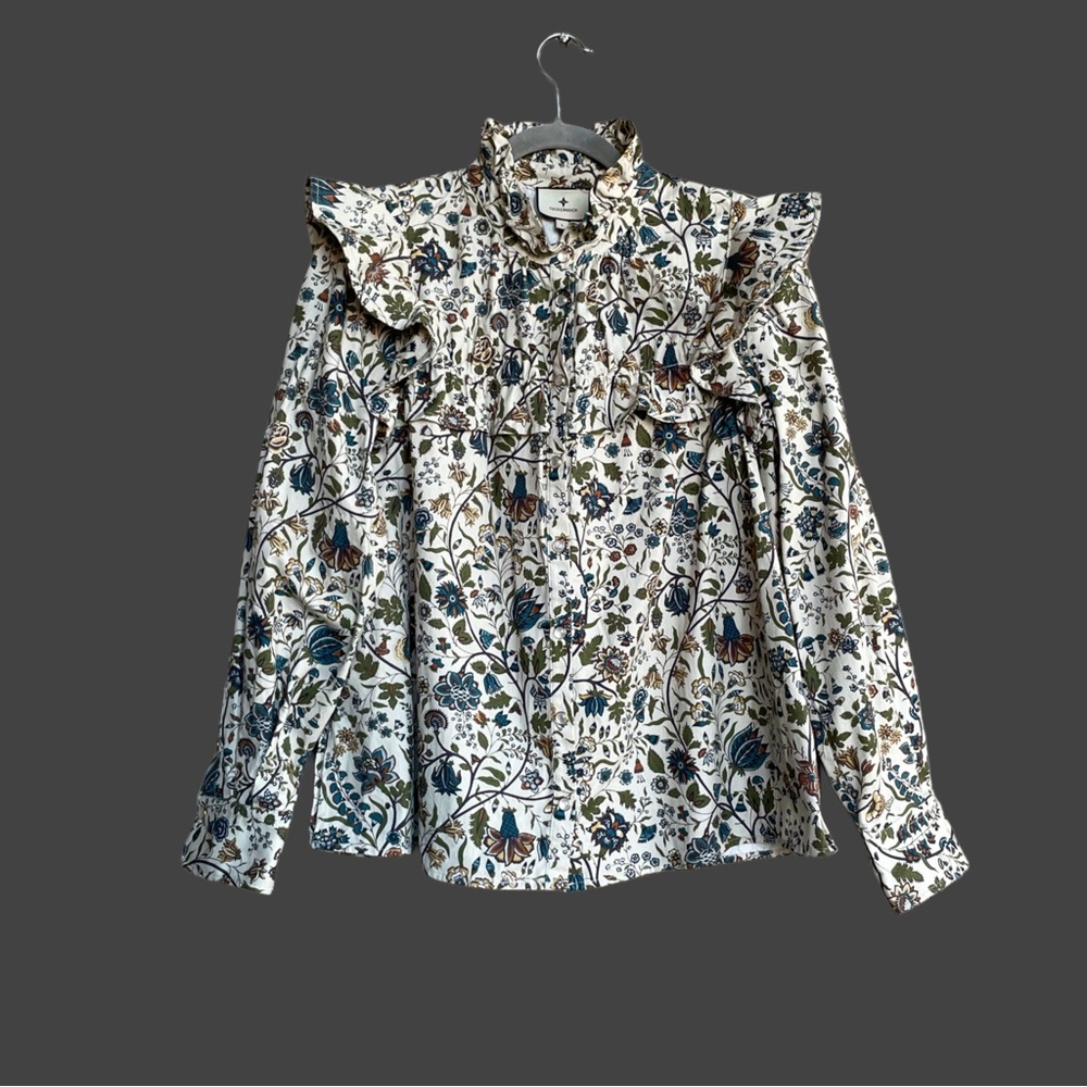 TUCKERNUCK Wildwood Chintz Winnie Blouse Ecru Floral Ruffle Pearl Snap Shirt Top - Picture 5 of 17